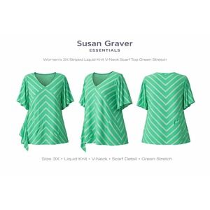 Susan Graver Essentials Green Striped Liquid Knit‎ V-Neck Scarf Top 3X A254451